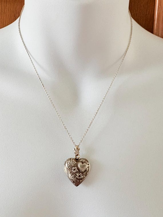 Art Deco Sterling Silver Heart Locket Pendant Nec… - image 6