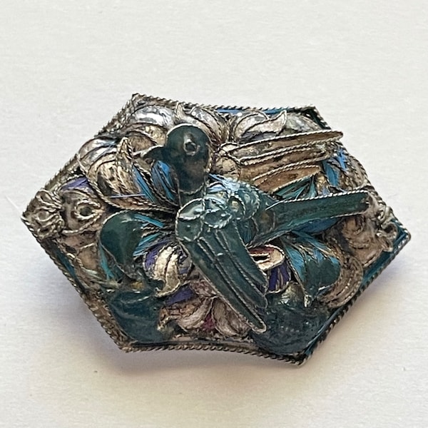 Victorian Sterling Silver Enamel Blue Bird Pin Brooch YE 05