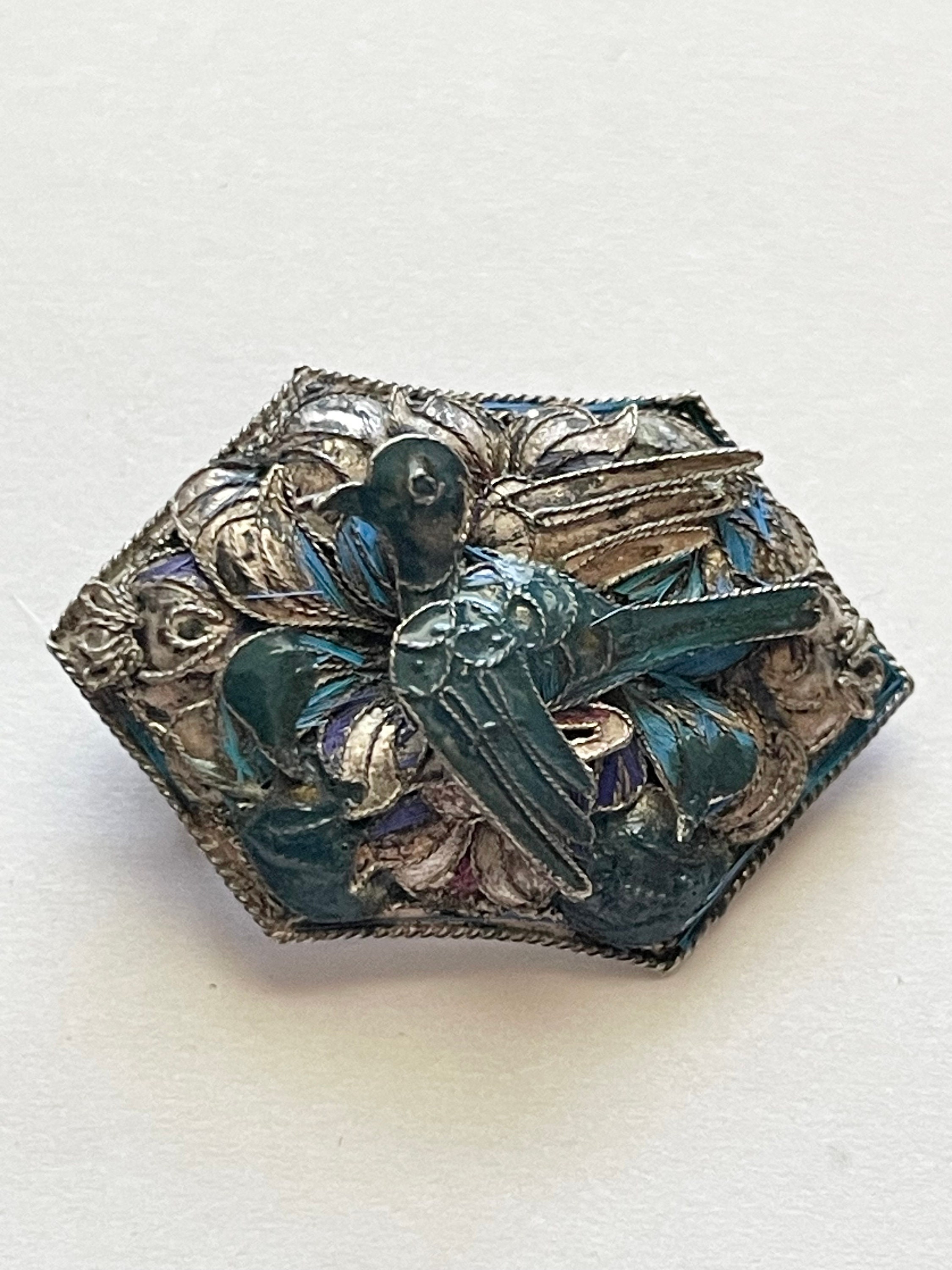 ビクトリア朝のスターリングシルバーエナメルブルーバードピンブローチ