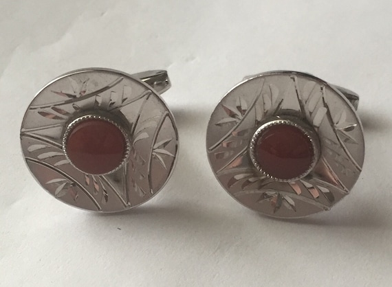 Vintage Etched Sterling Silver Carnelian Cuff links FOSTER
