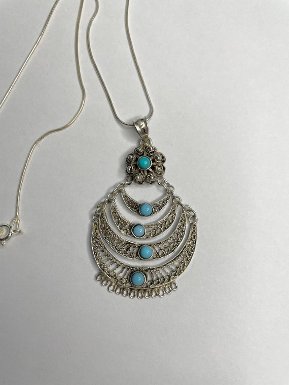 Vintage Sterling Silver Turquoise Filigree Neckla… - image 3