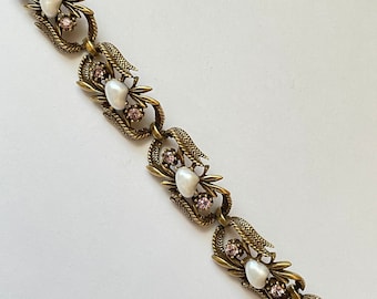 Vintage CORO Faux Pearl and Pale Purple Rhinestone Bracelet