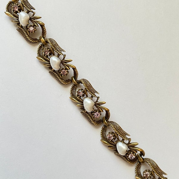 Vintage CORO Faux Pearl and Pale Purple Rhinestone Bracelet