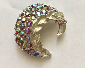 Vintage Red Aurora Borealis Rhinestone Cresent Pin Brooch