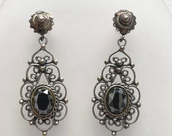 Vintage Sterling Silver Hematite Filigree Dangle pierced Earrings