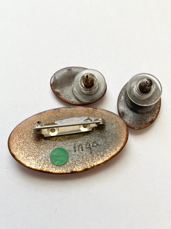 Vintage Copper Enamel INGA Pin and Earrings Set - image 2