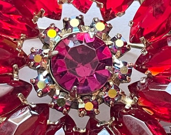 Vintage Large Red Rhinestone Flower Pin Brooch - Etsy