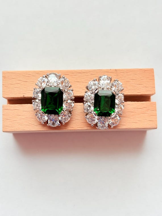 Sterling Silver Emerald CZ Statement Stud Pierced… - image 2