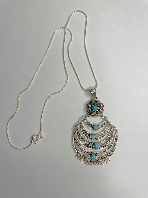 Vintage Sterling Silver Turquoise Filigree Neckla… - image 2