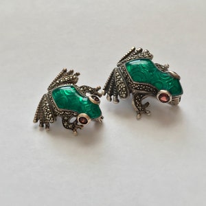 Vintage Sterling Silver Guilloche Marcasite Frog Pin Pair