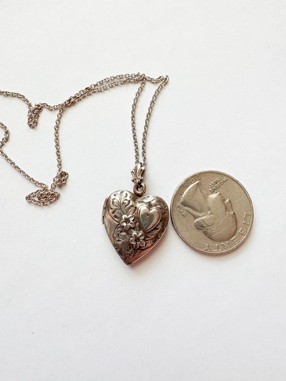 Art Deco Sterling Silver Heart Locket Pendant Nec… - image 3