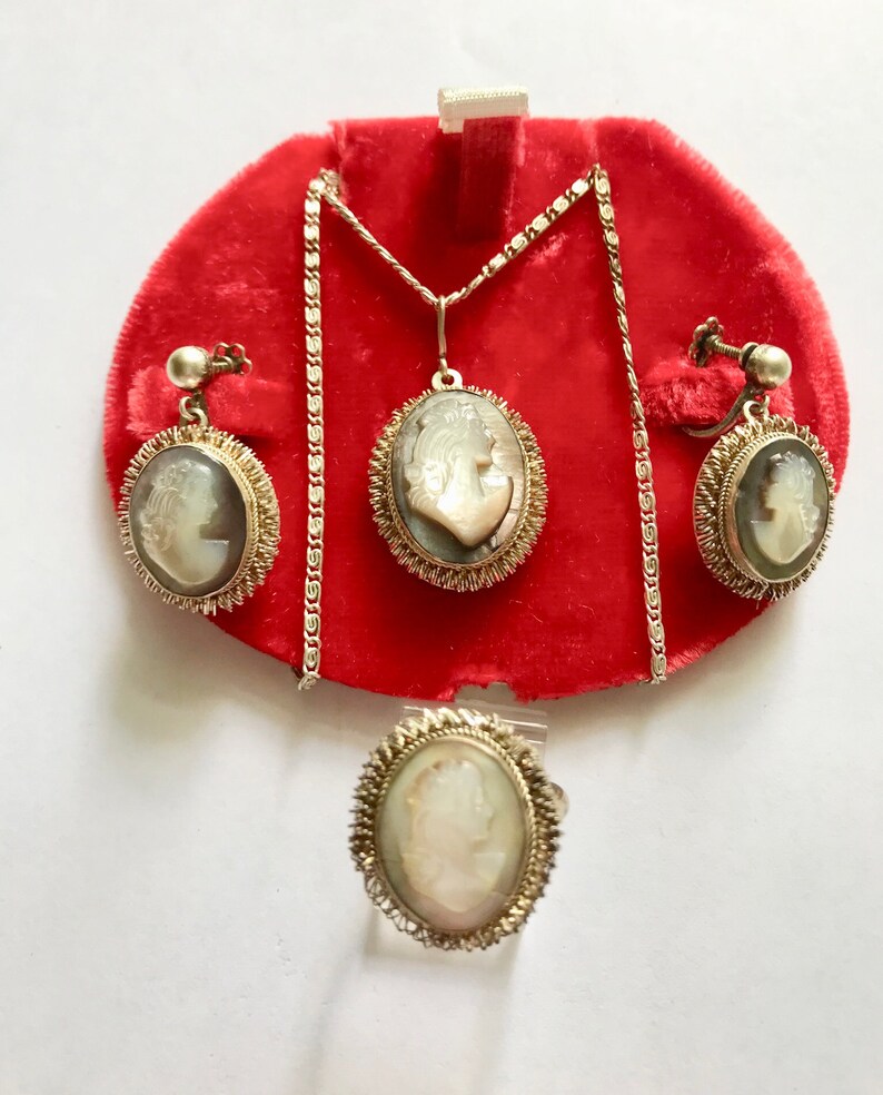 Vintage Estate 800 Silver Carved Mother of Pearl Jewelry Set