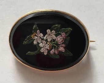 Antique Victorian 14k Gold Onyx Floral Micro Mosaic Pin Signed