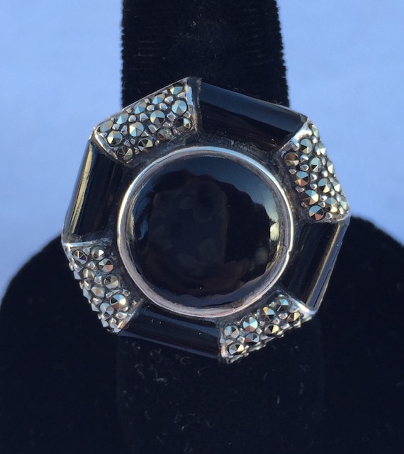 Vintage Sterling Silver Art Deco Onyx and Marcasite