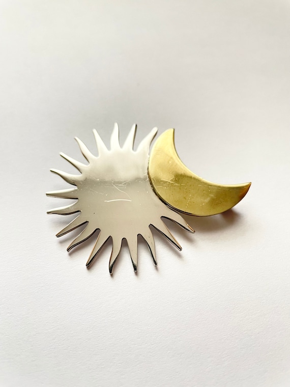 Vintage LATON Sterling and Brass Sun and Moon Pin… - image 1