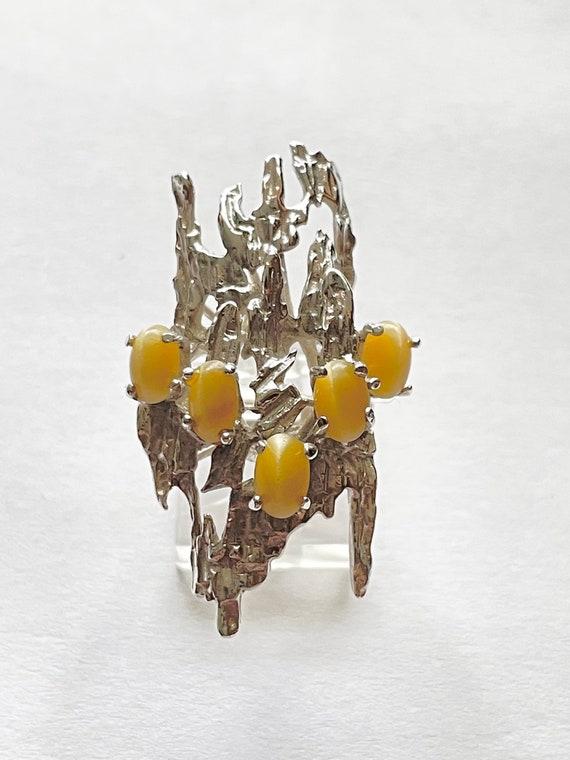 Vintage Sterling Silver Yellow Cats Eye Brutalist 