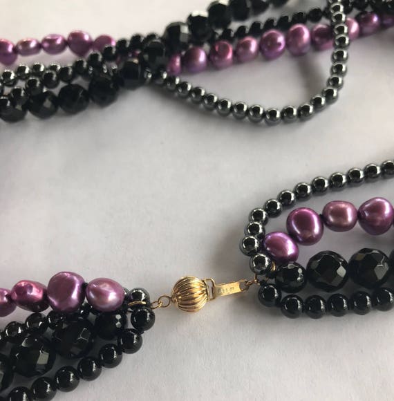 Vintage Purple Pearl and Onyx Bead Multi Strand N… - image 5