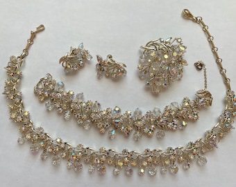 Vintage Coro Aurora Borealis Rhinestone and Crystal Dangle Parure