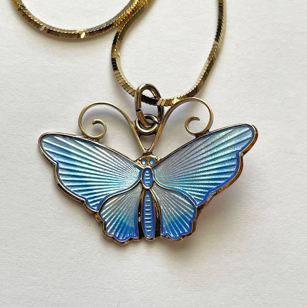 Vintage David Andersen Gold Over Sterling Vermeil Blue Guilloche Butterfly Necklace