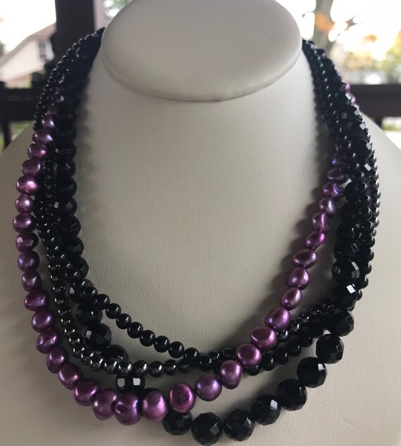 Vintage Purple Pearl and Onyx Bead Multi Strand N… - image 6