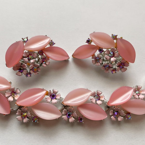 Vintage Lisner Pink Lucite Rhinestone and Enamel Necklace and Earrings