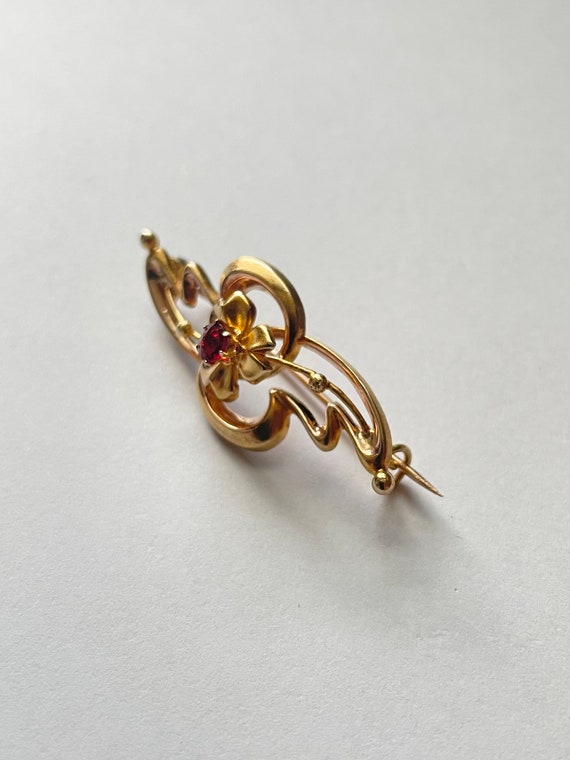 Art Nouveau 14k Gold Garnet Pin Brooch - image 2