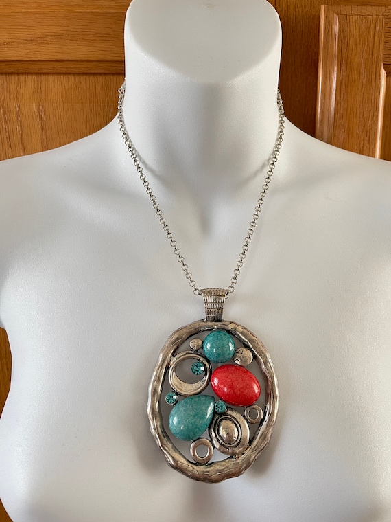 Vintage big Funky Faux Turquoise and Coral Pendant