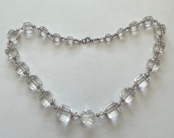Vintage Art Deco Clear Crystal Bead Necklace 10k Gand Sterling