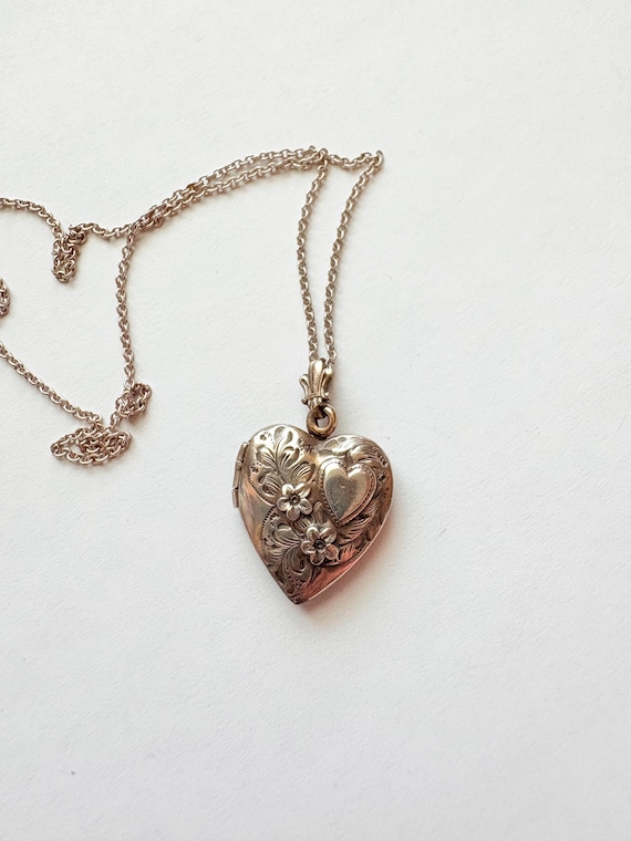 Art Deco Sterling Silver Heart Locket Pendant Nec… - image 2