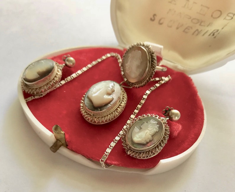 Vintage Estate 800 Silver Carved Mother of Pearl Jewelry Set