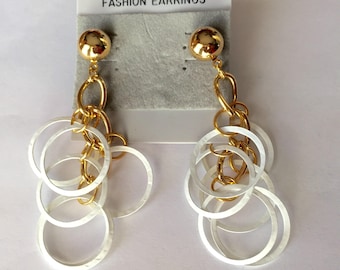 Vintage Gold and White Large Circle Ring Retro Dangle Pierced Earrings SYLVIA