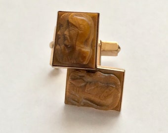 Boutons De Manchette Vintage Camée Gladiateur - Œil De Tigre - Années 50 - Occasion