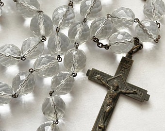 Vintage Huge Clear Rock Crystal Rosary Beads With Relic 29” flat