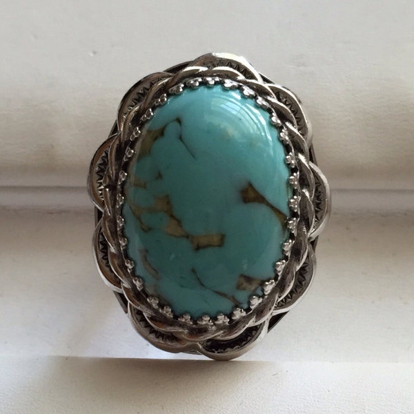 Vintage Whiting And Davis Large Silvertone Faux Turquoise Ring
