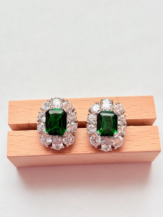 Sterling Silver Emerald CZ Statement Stud Pierced… - image 1