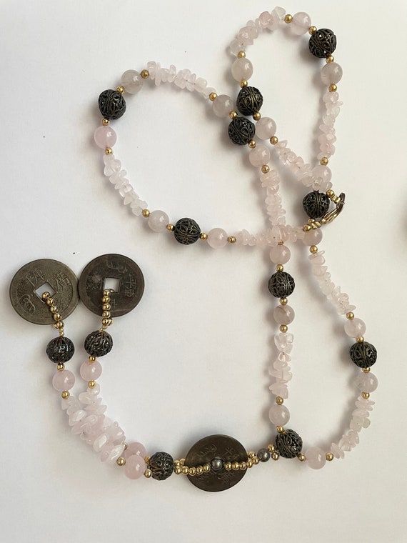 Vintage Rose Quartz Bead Chinese Coin Necklace