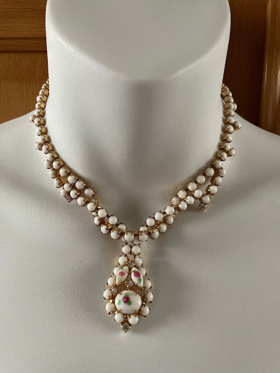 Vintage Hand Painted Milk Glass Rhinestone Necklac