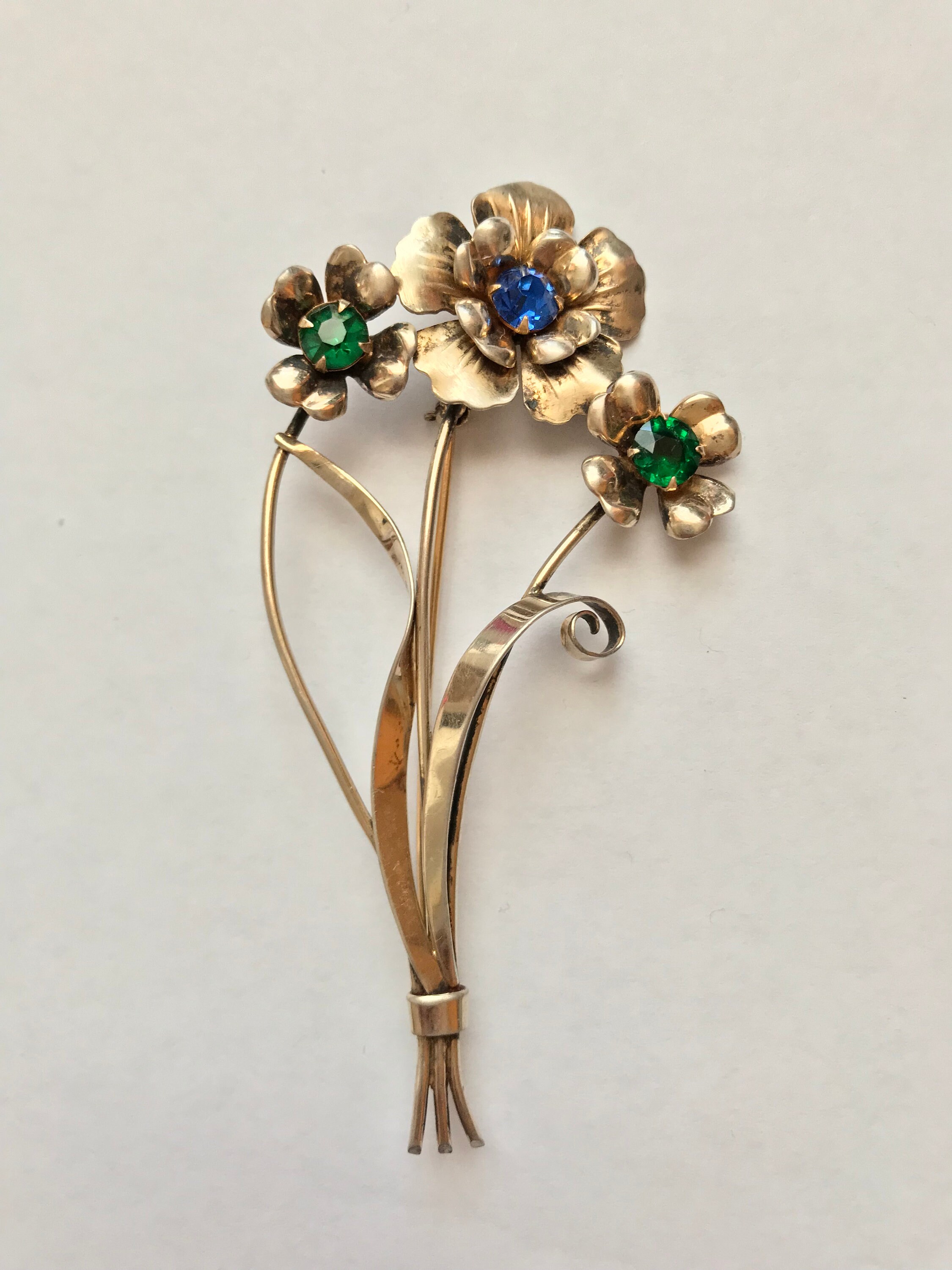 Broche Ancienne Argent Et Strass Sur Vermeil - Motif Fleurs 72x35mm - Occasion