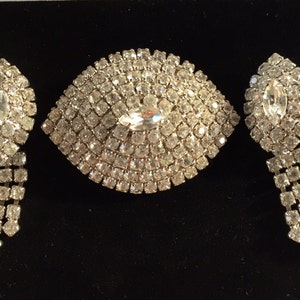 RARE Vintage Clear Rhinestone Pin/Brooch and Dangle Clip Earrings Signed Cathe