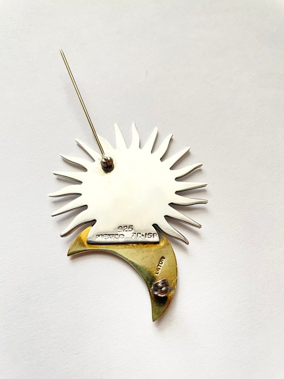 Vintage LATON Sterling and Brass Sun and Moon Pin… - image 2