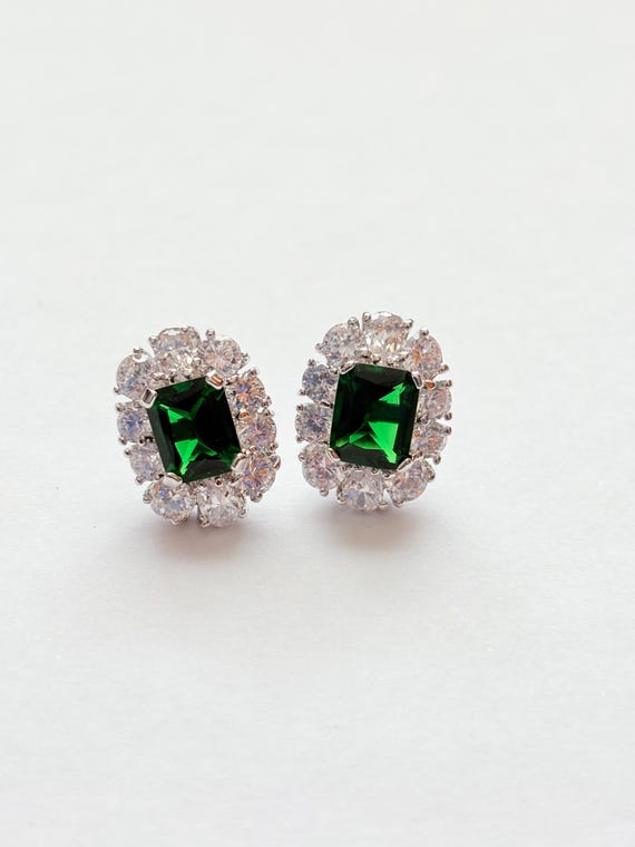 Sterling Silver Emerald CZ Statement Stud Pierced… - image 5