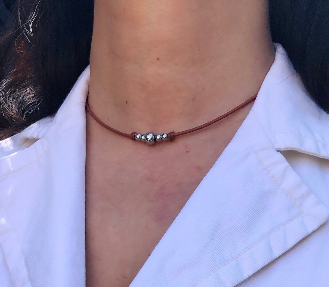 Womens Leather Choker Necklace Minimalist Necklace Silver Stainless