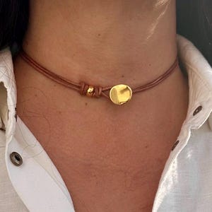 Women’s Leather Choker Gold Beads Boho Necklace Gold Colour Clasp Gift For Women