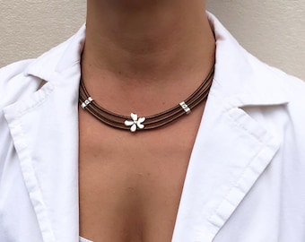 Women's Leather Necklace Multistrand Leather Cord Necklace Silver Bead Necklace Boho Necklace Women Necklace