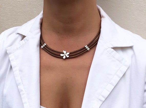 Women's Leather Necklace Multistrand Leather Cord Necklace Silver Bead  Necklace Boho Necklace Women Necklace 