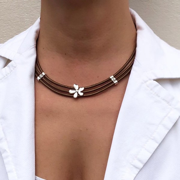 Women's Leather Necklace Multistrand Leather Cord Necklace Silver Bead Necklace Boho Necklace Women Necklace