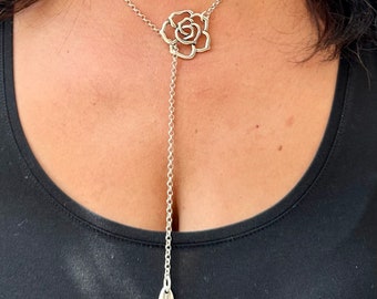 Silver Flower Y Lariat Necklace, Antique Silver Plated Dainty Chain