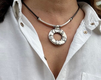 Leather Necklace For Women, Silver Plated Circle Pendant, Boho Statement Jewellery