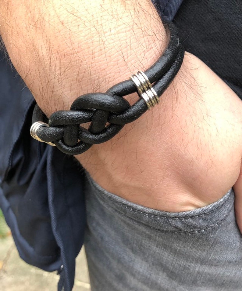 Men/'s Leather Bracelet Celtic Knot Wrap Bracelet Silver Plated Beads Bracelet Black Boho Beaded Bracelet Multistrand Black Leather Cord Brac