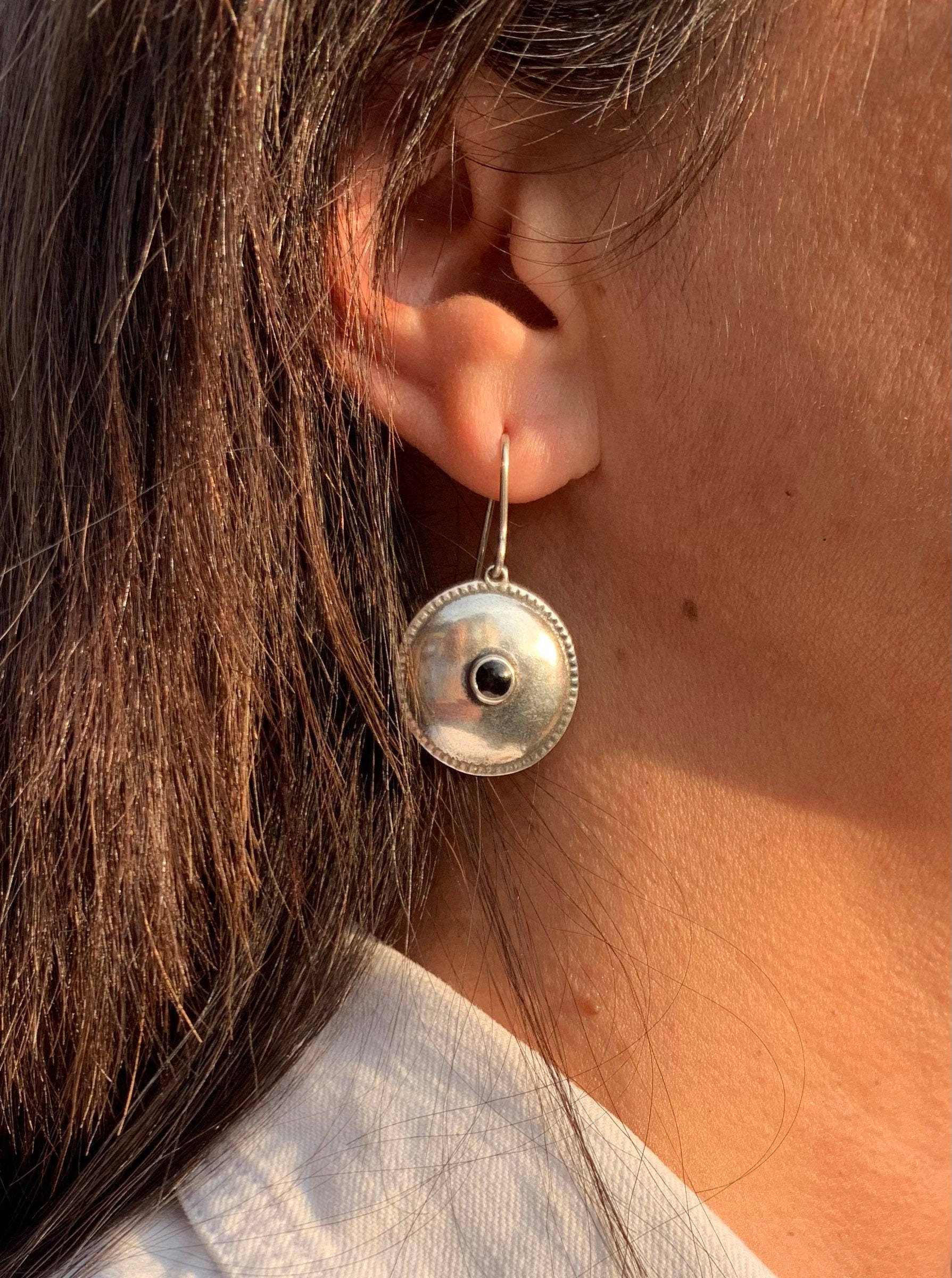 Silver Geometric Dangle Earrings Silver Boho Earrings Black Enamel Earring Minimalist Coin Earrings Silver Plated Gift For Women